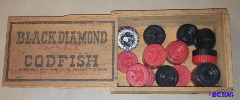 Vintage fish box with vintage checkers...