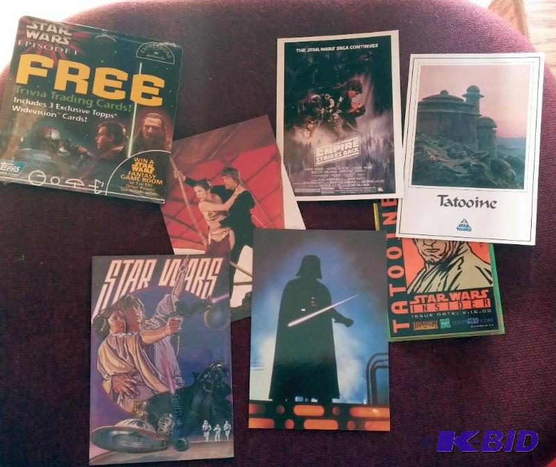 LOT OF 4 STAR WARS POSTCARDS, 1 OVERSIZED TRA...