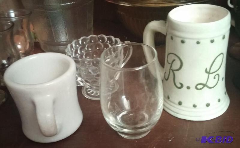 misc. glassware, Mug is dated from 1947...
