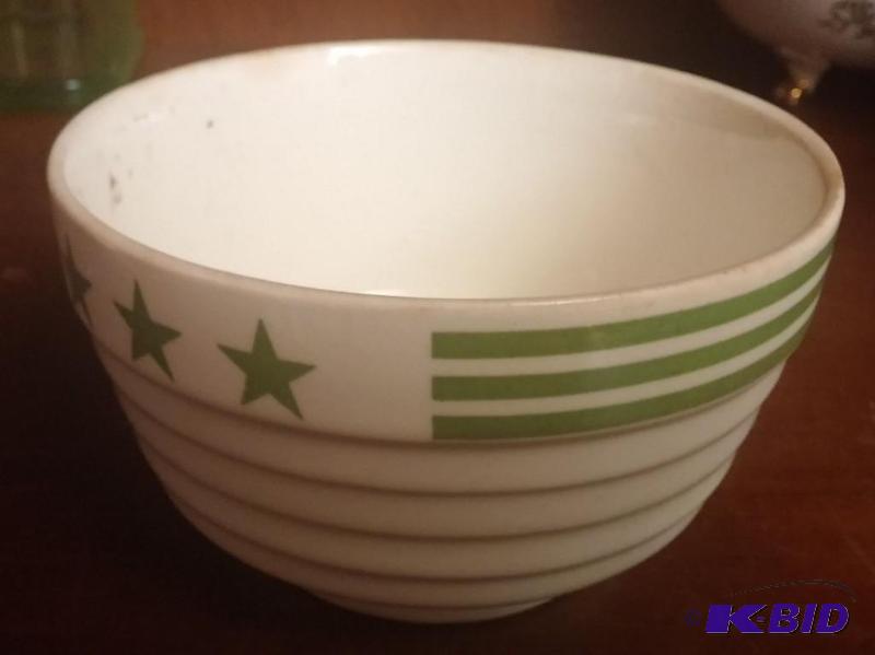 Vintage White bowl with green stars and strip...