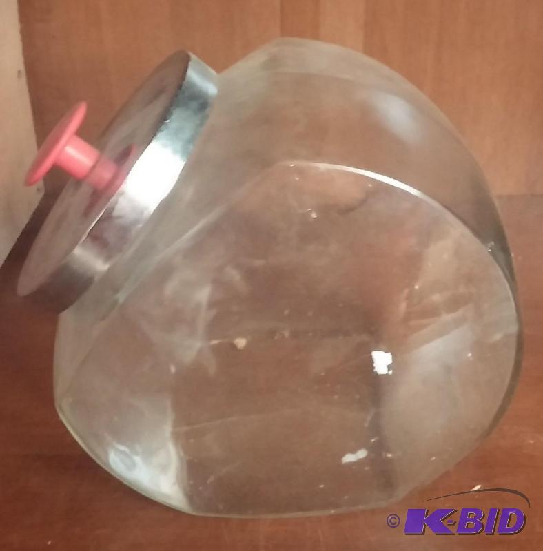 Vintage clear glass cookie jar with metal lid...