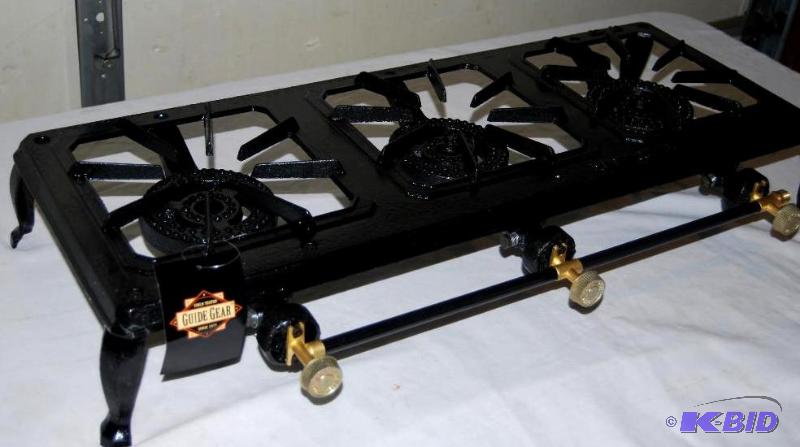 lot 68 image: Triple Burner Cast Iron Stove, brass valves, ...