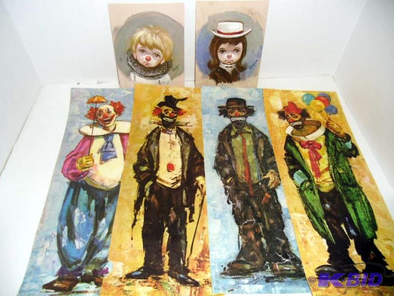 Lot # 5 Clowns - Vintage 6 Prints Lithographs Big Eyes