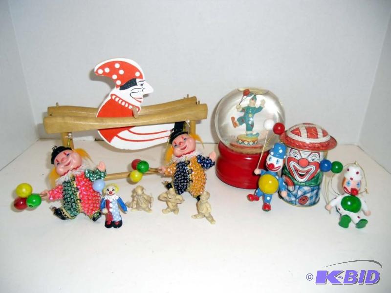 Lot # 9 Clowns Dept 56 Musical Snow Globe,Old Candy Tin, Sequined, Swinging Acrobat, Mini Plastic