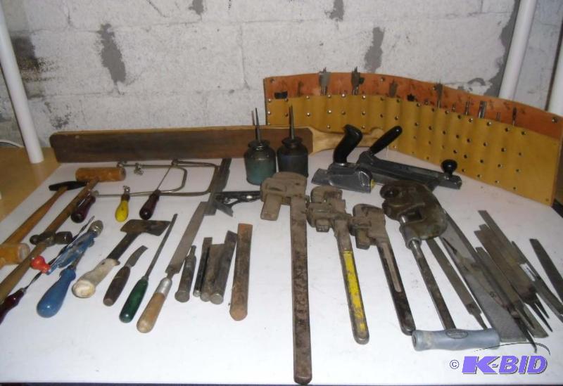 Lot of Vintage Tools - Wood Handles   Pipe Wrenches  Paddle Bits - Hack Saw - Mallets - Planers 