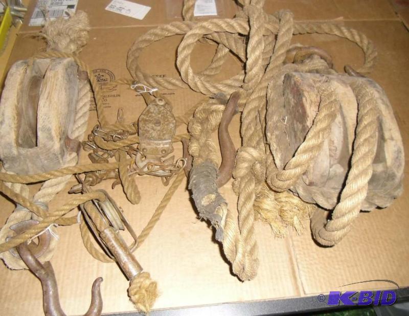 Vintage Wood Pulley Block and Tackle with Rope