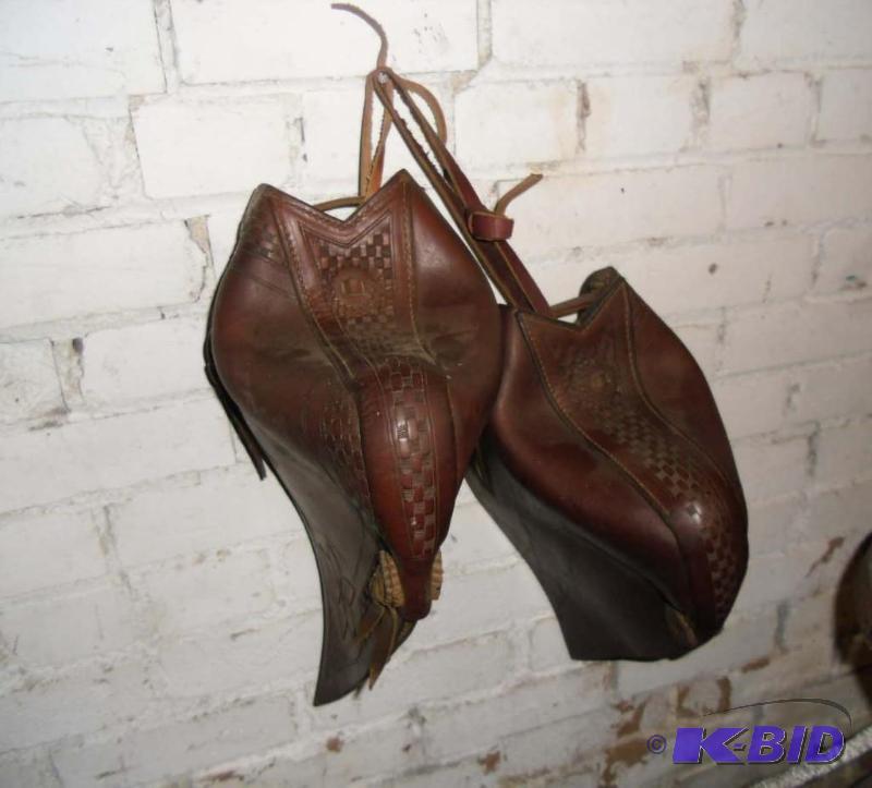 Lot # 2 Pair Tooled Leather Taps Tapaderos with Conches Stirrup Covers