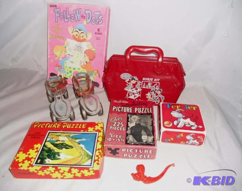 Vintage Toys Roller Skates, Nurses Kit, Puzzles, Dot-to-Dot, Mechanical Dog