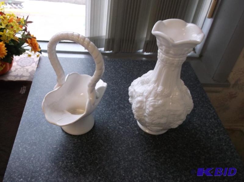 Beautiful milk glass vase and basket....