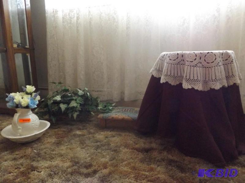 lot 12 image: piture and washbasin table,cover little stool...