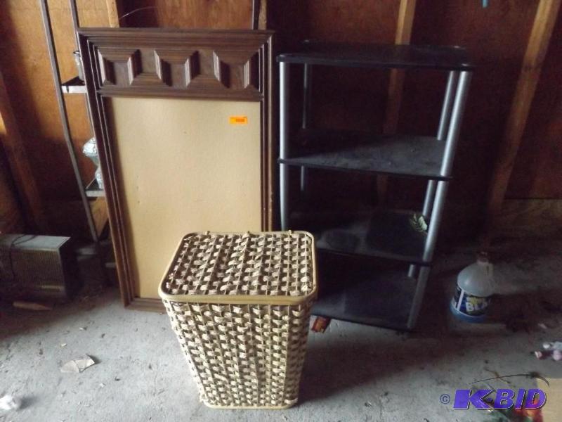 lot 162 image: shelving unit, wicker hamper, display board...