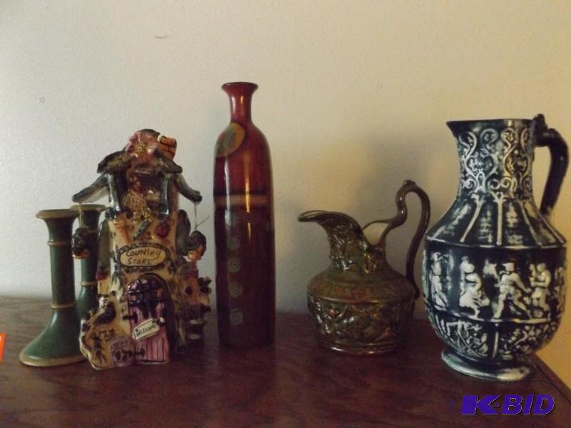 lot 24 image: to deco pitchers  2 candle sticks deco v...