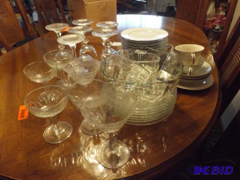 lot 29 image: white china set  clear wine glasses wine...