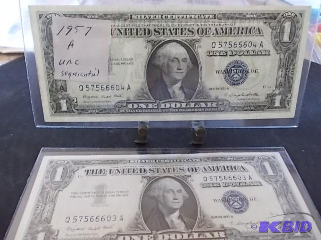 2- 1957 A US Silver Certificates In Sequentia...