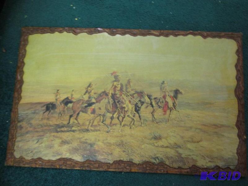 lot 14 image: Indian print on wood, 17 x 28 inches, C. M. R...