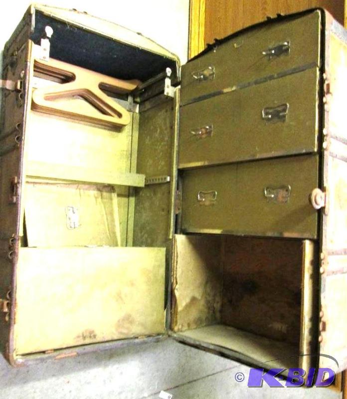 lot 39 image: Antique steamer closet trunk with drawers, ha...