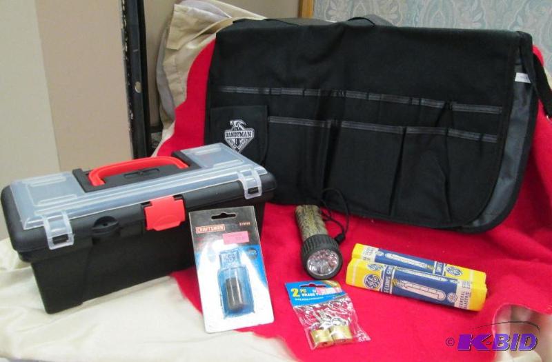lot 103 image: 1- tool box- 1- Handy man apron to go over a ...