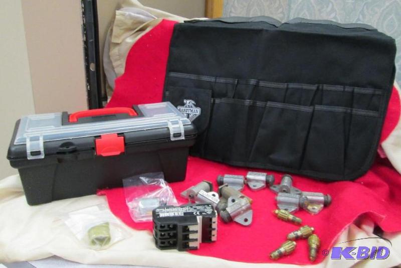 lot 104 image: 1- tool box- 1- Handy man apron to go over a ...