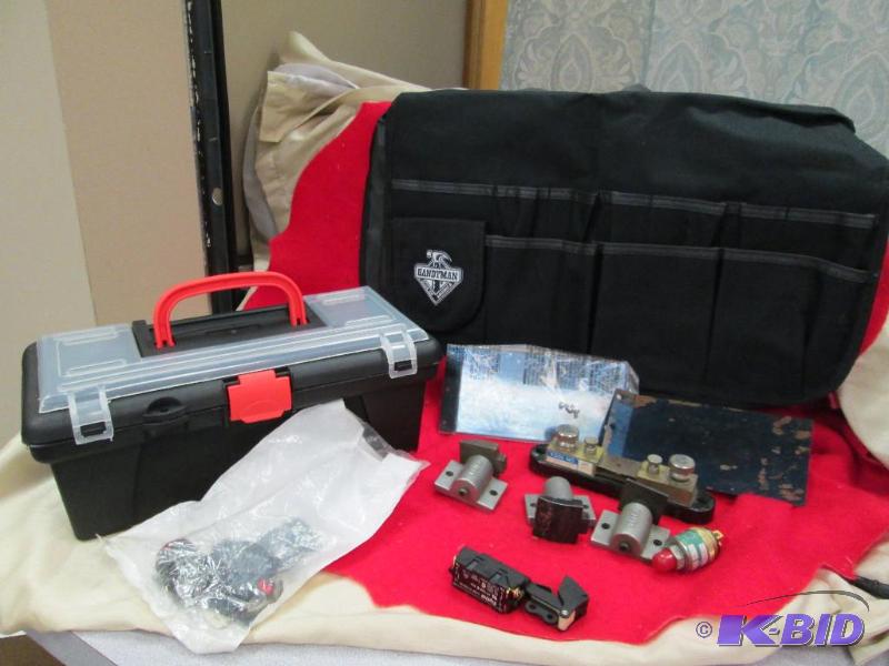 lot 105 image: 1- tool box- 1- Handy man apron to go over a ...