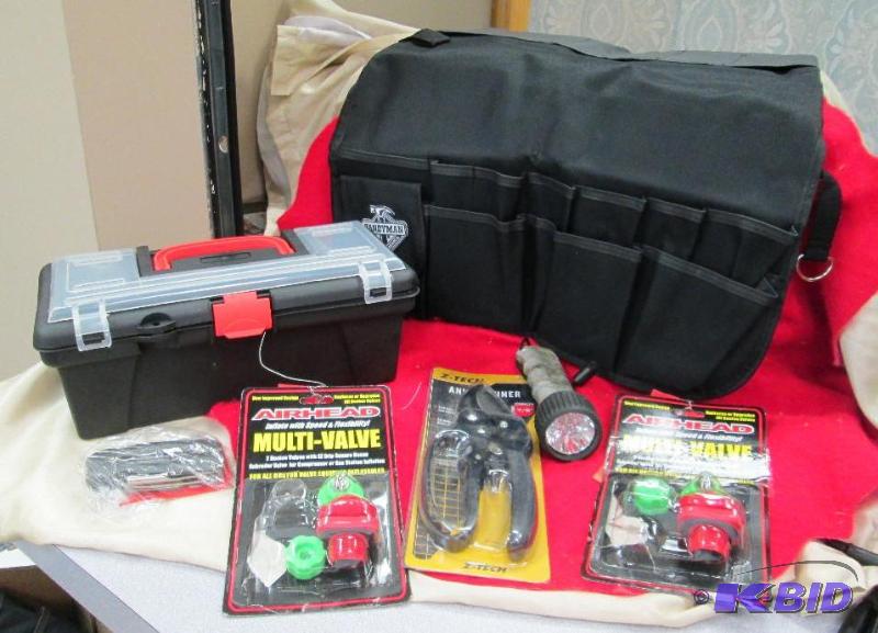 lot 107 image: 1- tool box- 1 Handy man apron to go over a p...