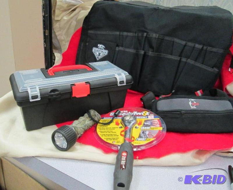 lot 108 image: 1- tool box- 1 handy man apron to over a pail...