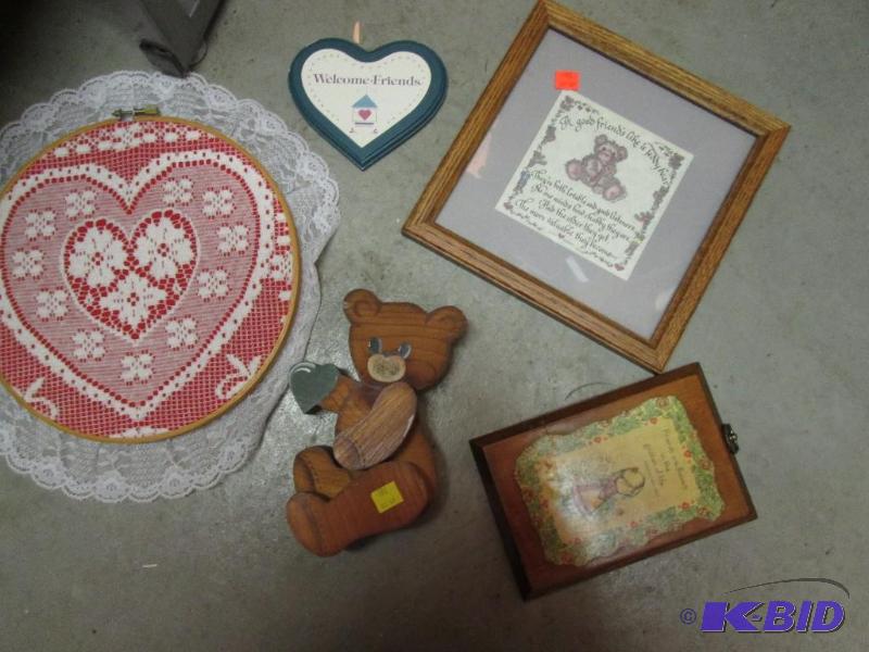 lot 123 image: group of wall hangings- stretched heart doily...
