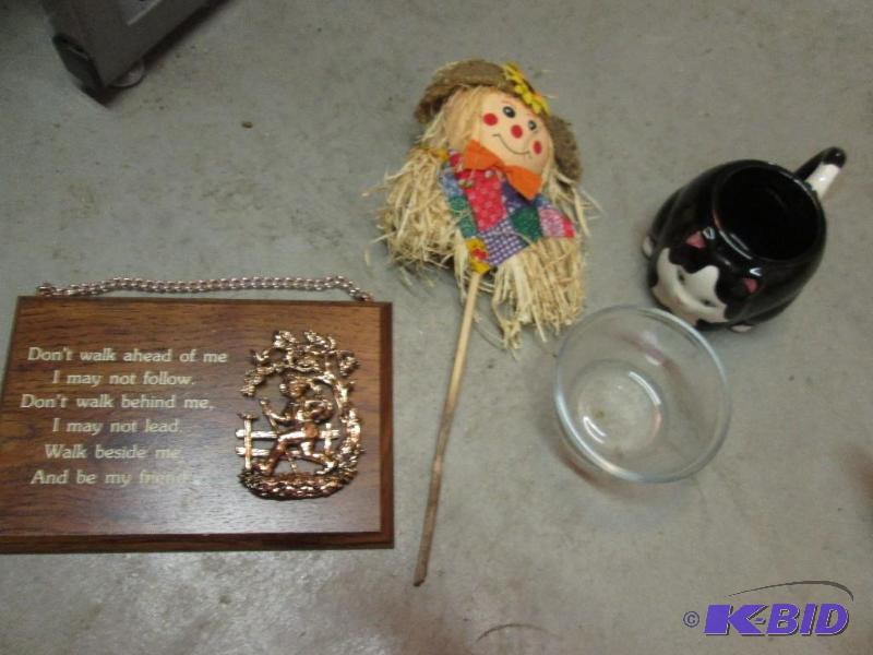 lot 131 image: walk beside me wall hanging, scarecrow stick,...