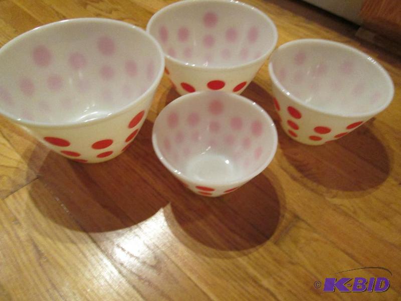lot 153 image: set of 4 white glass bowls with polka dots...