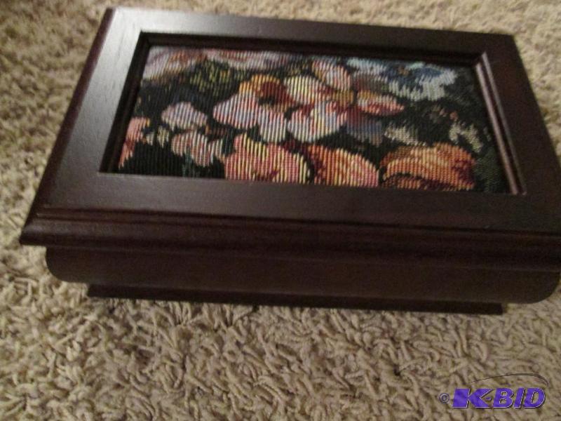 lot 177 image: Avon jewlry box mahogony color with floral pr...
