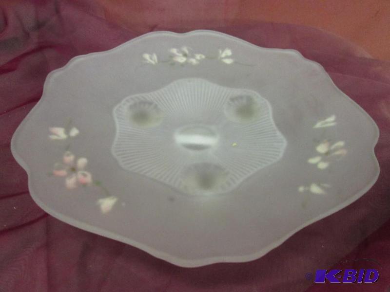 lot 317 image: 3 Footed cookie dish, frosted, with painted f...