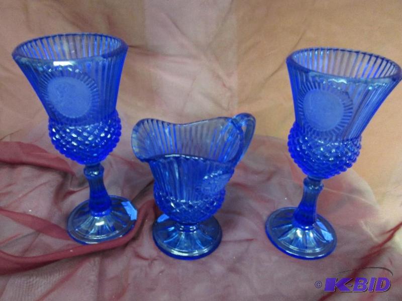 lot 327 image: Blue Mount Washington pitcher and 2 glasses, ...