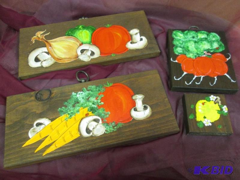 lot 329 image: Hand painted vegetable wall hangings on wood...