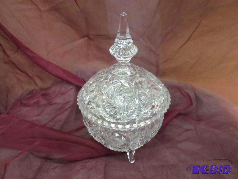 lot 359 image: Clear cut glass candy dish with cover...