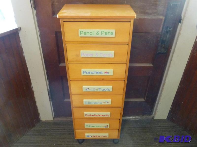 lot 116 image: Eight drawer wooden crafters roller wheel cab...