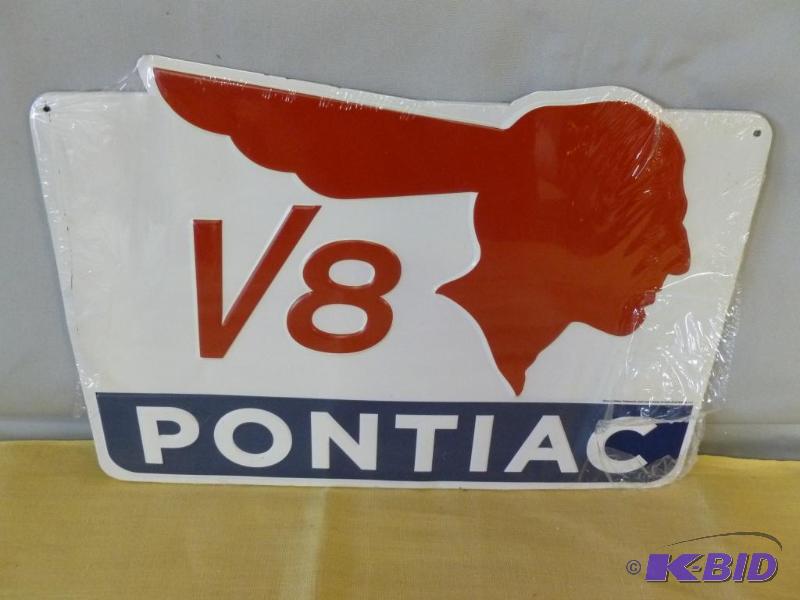 lot 9 image: Pontiac V-8 heavy gage embossed metal sign th...