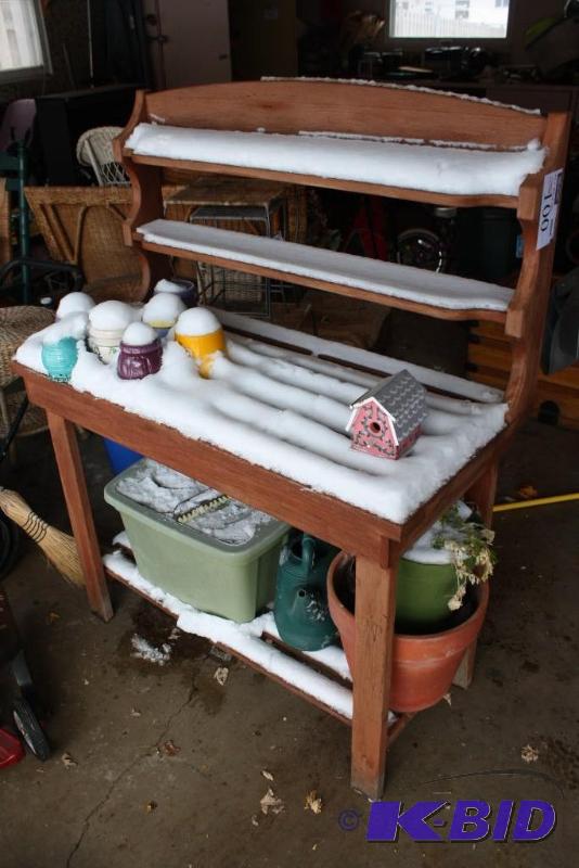 Wooden Shelving Unit wTable Top, Lower Shelf, And Two Upper Shelves, Includes Contents