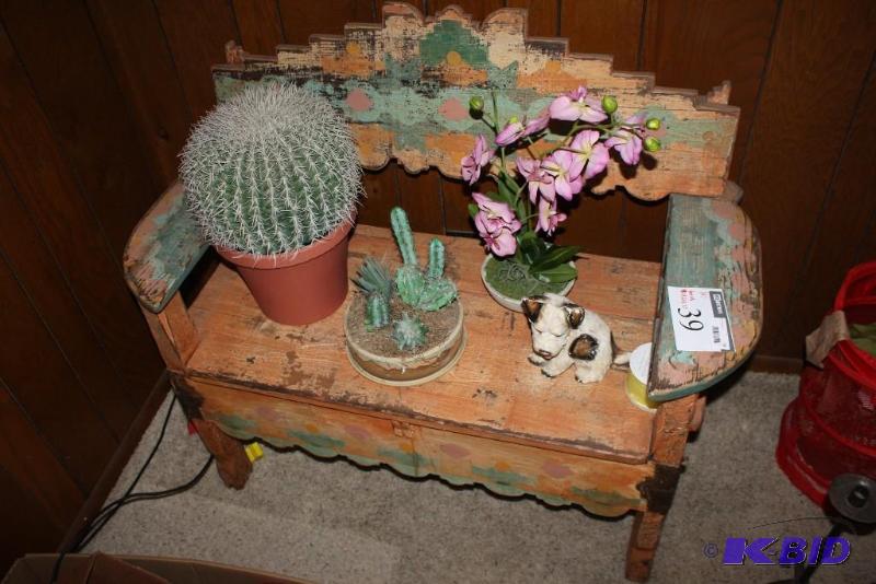 Bench Lot Including Cactus Plants & Dog Figurine