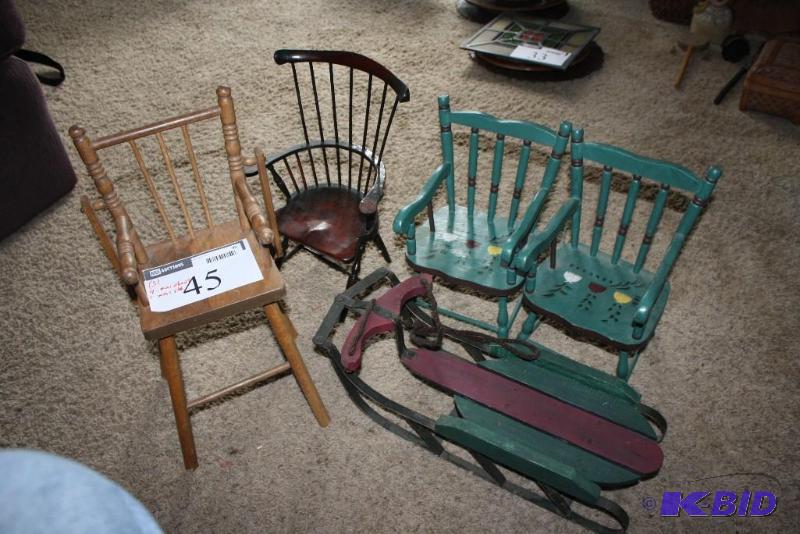 Vintage Youth-Sized Wooden Chairs & Wooden Sled