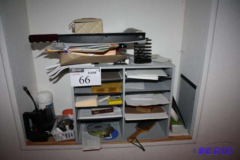 Shelf Lot Includes Office Contents Paper Cutter Cable Cord Light Bulb And More.
