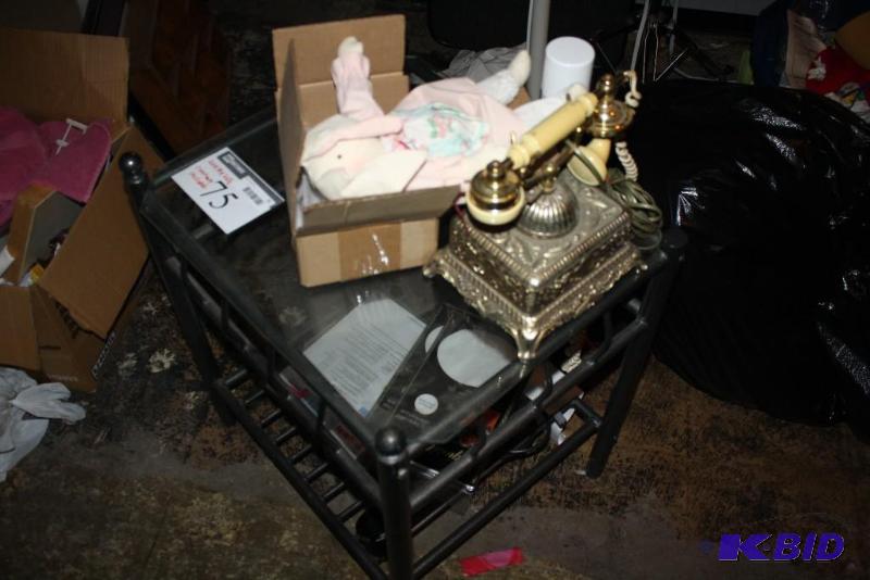 Table Lot wContents Including Vintage Telephone.