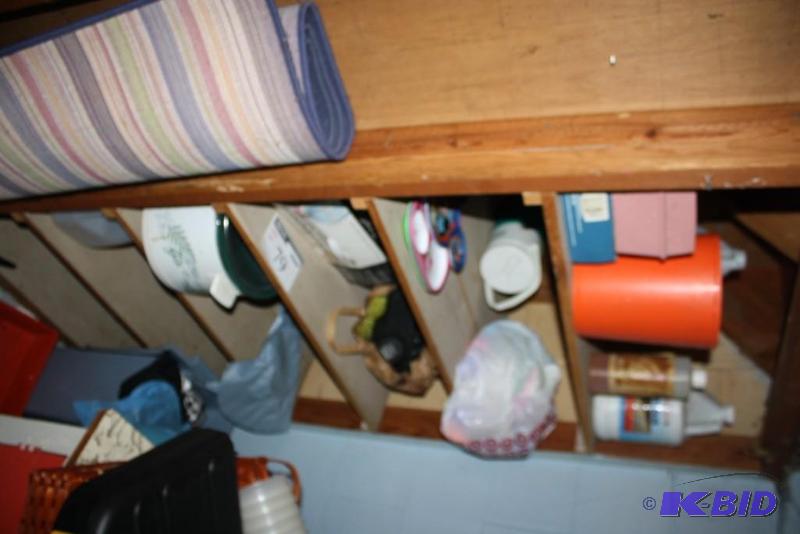 Shelf Lot Includes Tacklebox Thermos Crock Pot Orange Bin And More.