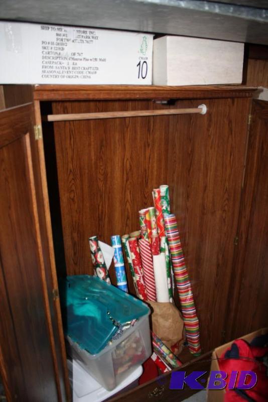 Wooden Closet wContents Including Christmas Supplies