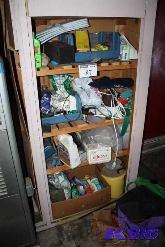 Contents On Shelves Including Plastic Bin Light Bulbs Box And More.