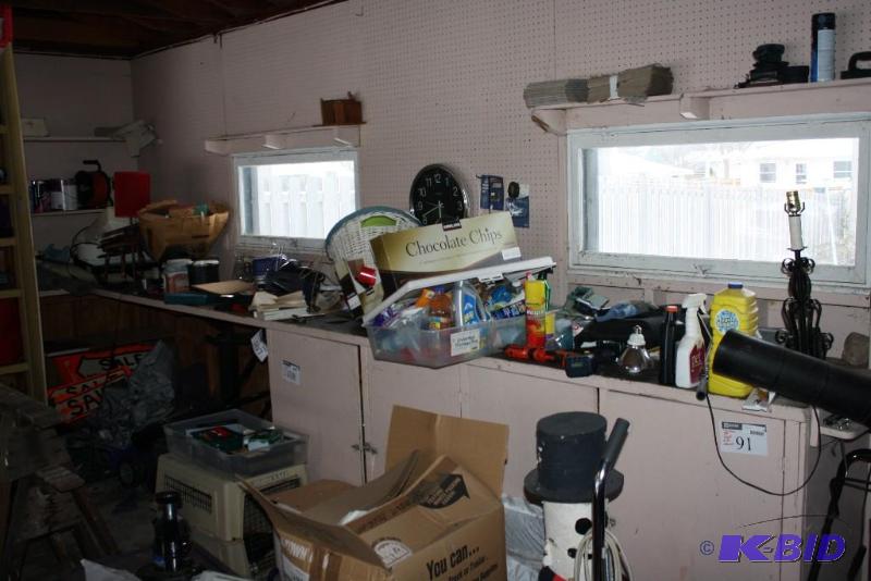 Contents On Shelf & Cabinets Extension Cord Wind-Up Reel Tackle Box Red Lamp And More.