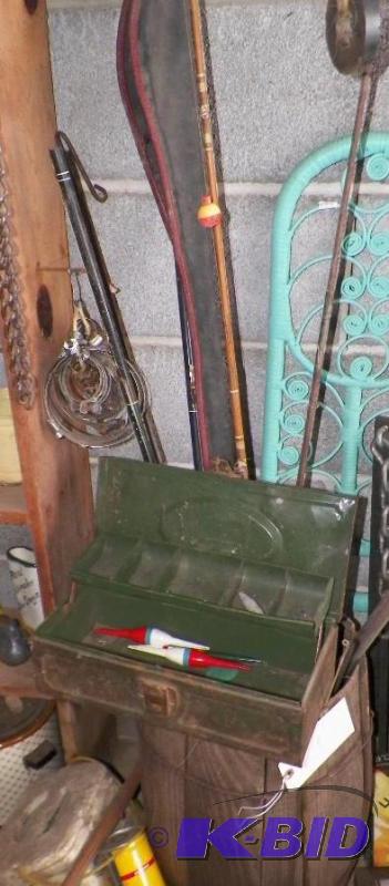 Nail Keg full of old fishing items including a fishing spear