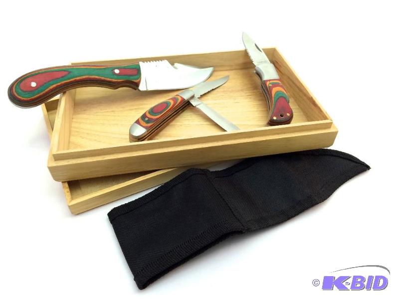 Two Folding Blades and one Fixed Blade w wooden case