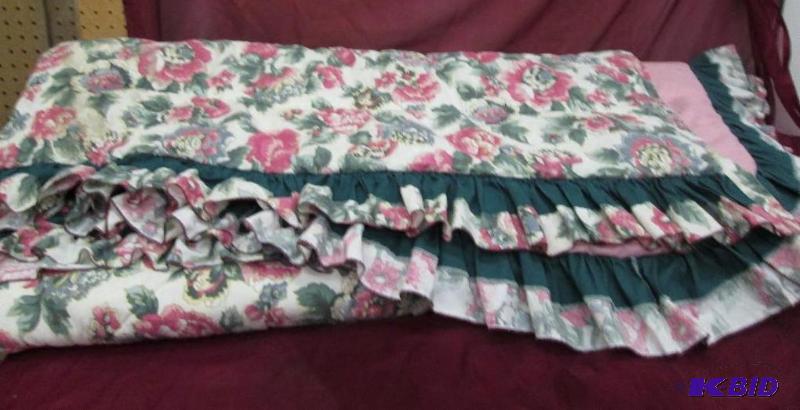Nice hand made quilt, ruffled edges, floral p...
