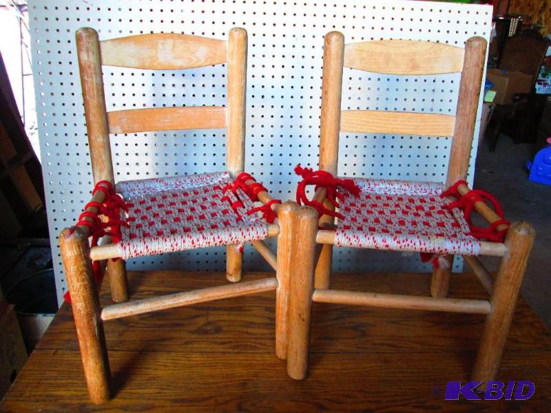 Pair of kids or doll chairs with yarn woven s...