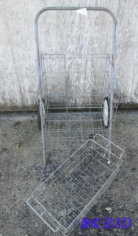 wheeled cart and metal basket...