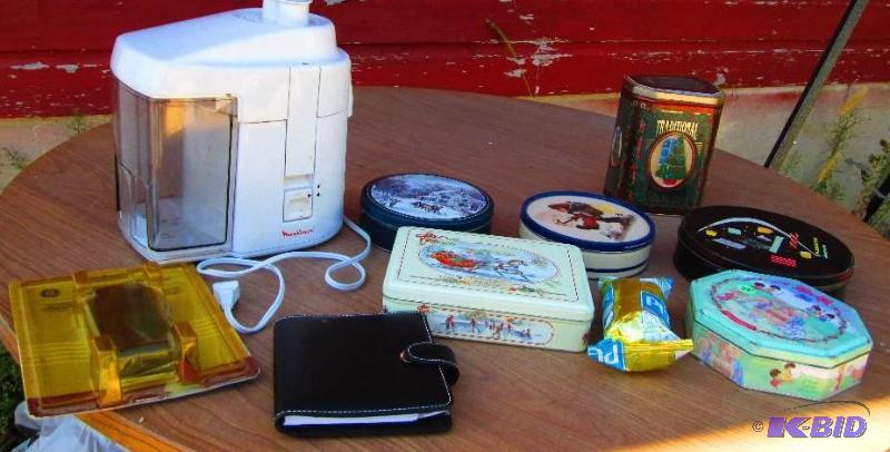 Lot of assorted tins, Food processor, and mic...